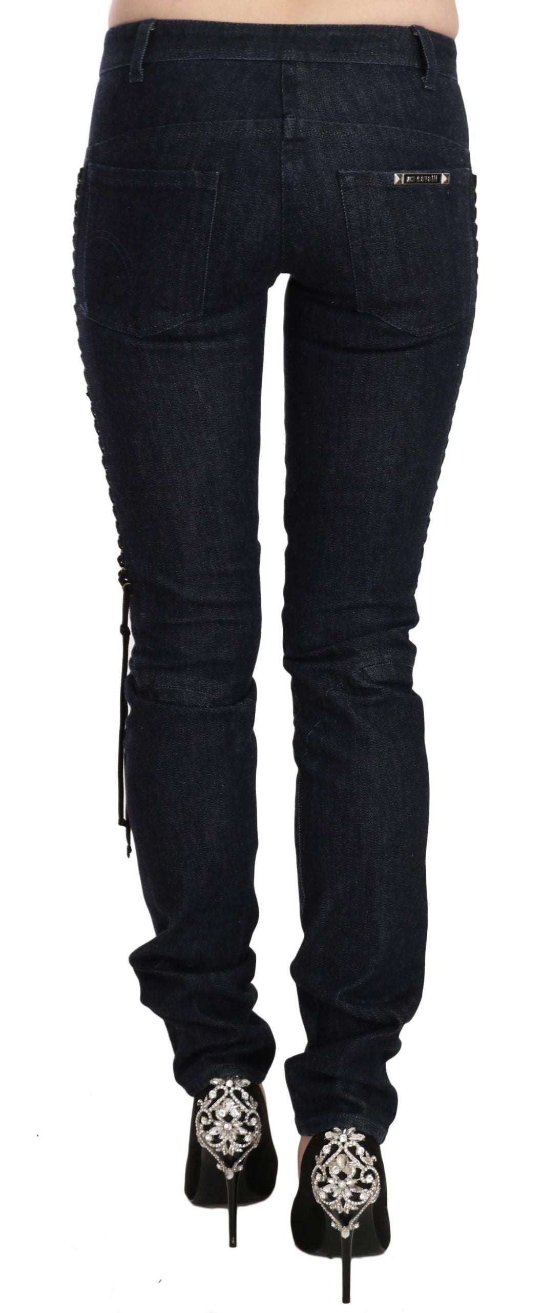 Just Cavalli Blue Low Waist Skinny Trousers Braided String Pants